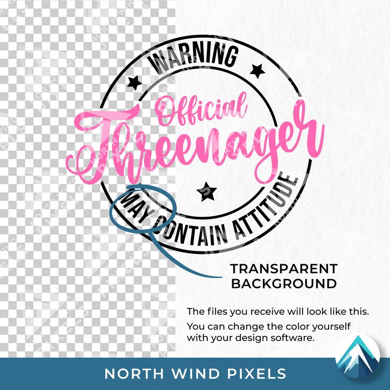 K&ouml;nnte beinhalten: Ein digitales Design mit transparentem Hintergrund. Es zeigt ein kreisf&ouml;rmiges Stempelmuster mit den Worten "WARNING Official Threenager MAY CONTAIN ATTITUDE" in Schwarz und Pink. Das Design enth&auml;lt Sterne und einen kleinen Kreis.