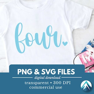 4 歳の誕生日の数字、デジタル ダウンロード、PNG および SVG ファイル、透明、かわいい小さなハート、筆記体、ベビー ブルー、4 歳の誕生日、4 歳のシャツ