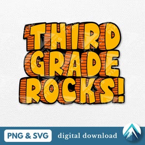 Third Grade Rocks Digital Download, PNG e arquivos SVG, fonte da idade da pedra, estilo do homem das cavernas, para camisetas infantis, decalques, adesivos, professores da 3ª série