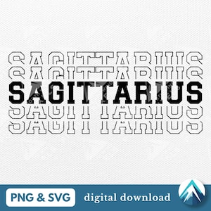 Puede incluir: Gráfico de descarga digital con la palabra "SAGITARIO" en negrita, fuente negra, repetida varias veces. El diseño incluye el texto "PNG & SVG" y "descarga digital" en una pancarta azul.
