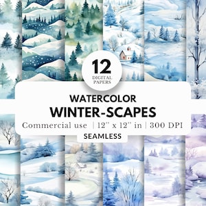 12 papiers numériques aquarelle paysages d'hiver, motifs sans couture, 12 x 12, montagnes enneigées, paysages froids, pour arrière-plans de cartes de Noël