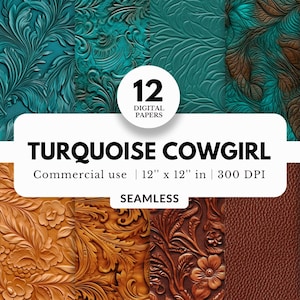12 türkise Cowgirl Textur Papiere, nahtlos, 12x12, petrol und braune Muster, rustikales Western Thema für Karten, Handyhüllen, Drucke