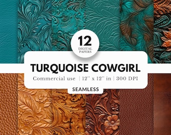 12 Turquoise Cowgirl Texture Digital Papers, Seamless, 12x12, Teal and Brown Patterns, Rustic Western Theme for Cards, Phone Cases, Prints