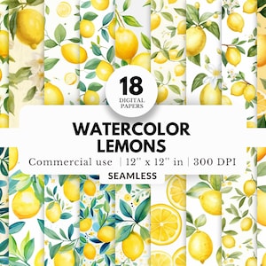 Paquet de 18 papiers numériques aquarelle citrons, motif transparent, 12 x 12, téléchargement JPG, avec fleurs, feuilles et tranches, impressions, sublimation
