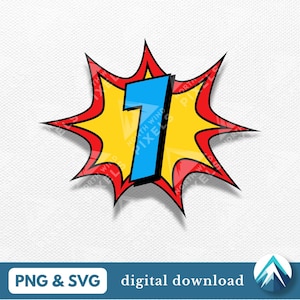 May include: A red and yellow comic book style explosion with a blue number one in the center. The number one is outlined in black.