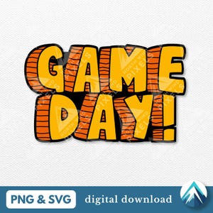 May include: Orange and yellow "GAME DAY!" graphic with a striped pattern. This digital download is perfect for crafting projects, scrapbooking, and more.
