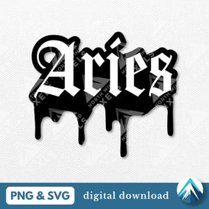 May include: Black and white graphic design of the word "Aries" in a dripping, gothic font. The background is black with a pattern of white triangles.