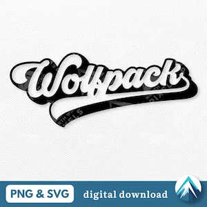 スポーティウルフパックデジタルダウンロード、PNGおよびSVG、透明、影付きレトロ野球スタイル、学校のスポーツチーム向け、マスコットデカール