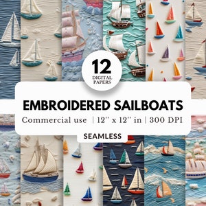 12 gestickte Segelboote Digitale Papiere, nahtlose Muster, 12x12, JPG, handbestickt, Ocean Nautical Theme, süße Hintergründe, Tumbler Wraps
