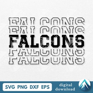 May include: A digital graphic design featuring the word "Falcons" in a stacked arrangement. The top and bottom rows are outlined in a block letter style, while the middle row is solid black. The design includes file type options: SVG, PNG, DXF, and EPS.