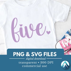 5 歳の誕生日の数字、デジタル ダウンロード、PNG および SVG ファイル、透明、小さなハート、筆記体、薄紫、5 歳の誕生日、シャツ用