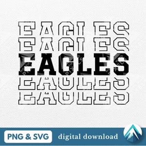 Puede incluir: Diseño gráfico en blanco y negro de la palabra "Eagles" repetida cinco veces. La palabra "Eagles" está en una fuente en negrita y en bloque con un contorno grueso. El diseño es adecuado para su uso como descarga digital para proyectos de manualidades.
