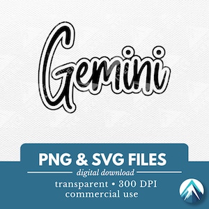 Puede incluir: Descarga digital en blanco y negro de la palabra "Gemini" en un estilo de fuente manuscrita. Archivos PNG y SVG incluidos. 300 DPI. Para uso comercial.