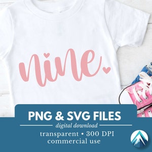 9 歳の誕生日の数字、デジタル ダウンロード、PNG および SVG ファイル、透明、かわいい小さなハート、筆記体、ベビー ピンク、9 歳の誕生日の女の子、9 歳