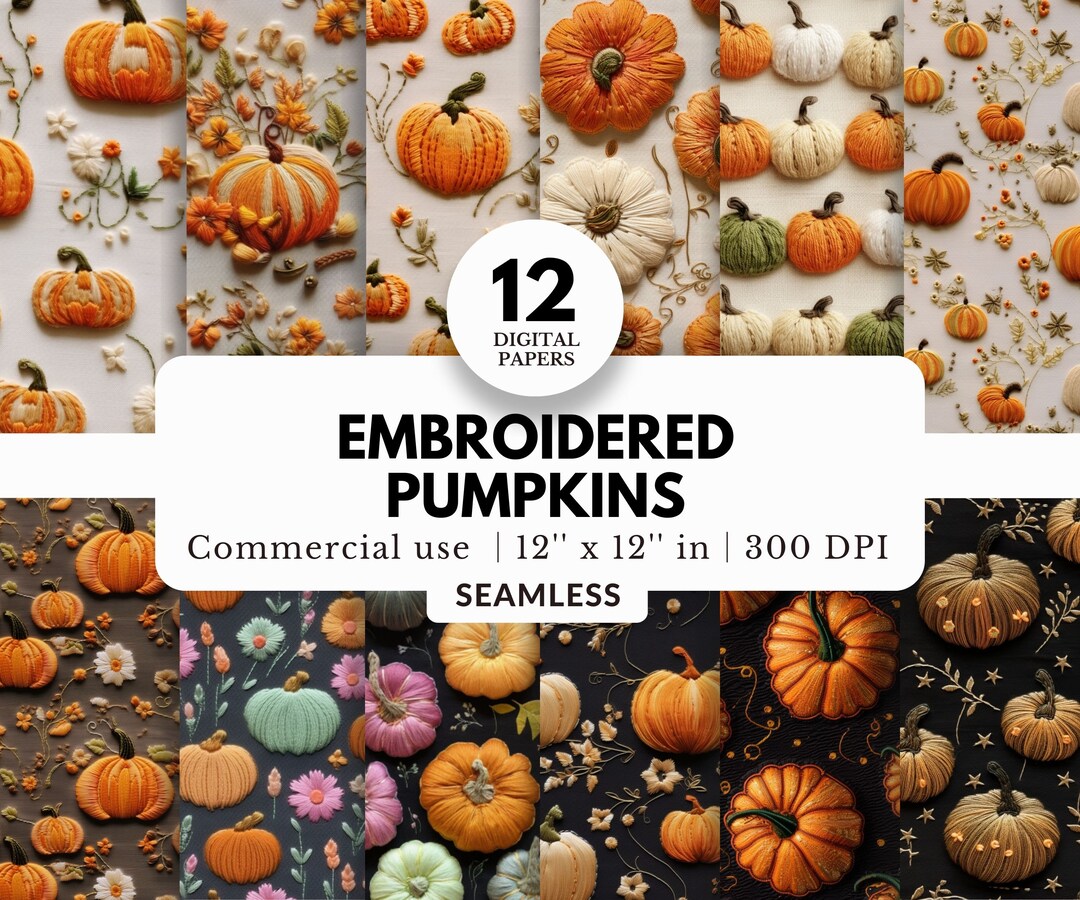 12 Embroidered Pumpkins Digital Papers, Seamless Patterns, 12x12, JPG ...