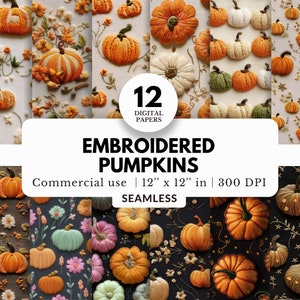 Puede incluir: 12 papeles digitales con diseños de calabazas bordadas en varios colores y patrones. Los papeles miden 30,5 cm por 30,5 cm y 300 DPI.