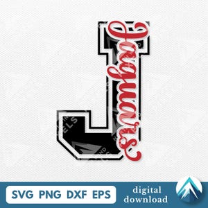 Peut inclure: Une lettre "J" noire et blanche avec le mot "Jaguars" en script rouge. La lettre a un contour blanc et un intérieur noir. Le mot "Jaguars" est écrit verticalement le long du côté droit de la lettre. Le bas de l'image contient le texte "SVG PNG DXF EPS" et "téléchargement numérique".