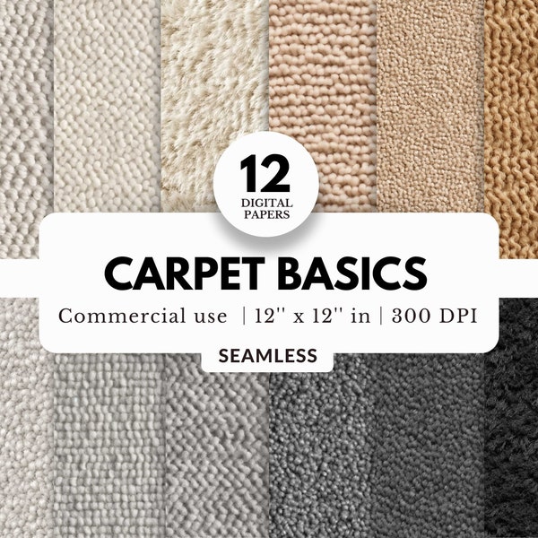 12 Carpet Basics Digital Papers, Seamless Textures, 12x12, JPG Download, Simple Rugs, Shag Carpet, For Dollhouse, Miniature, Interior Design
