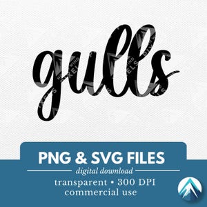 カモメのデジタルダウンロード、PNG および SVG ファイル、透明な背景、渦巻き状の筆記体、スポーツ チーム リーグ、鳥のマスコット シャツ、スクール スピリット ウェア