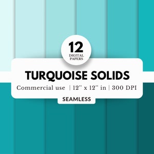 May include: A set of 12 digital papers featuring solid turquoise colours. The papers are 12 inches by 12 inches and 300 DPI. They are seamless and for commercial use.