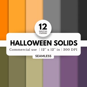 May include: Twelve digital papers in Halloween colors. The papers are 12 inches by 12 inches and 300 DPI. The colors include orange, yellow, green, gray, and purple.