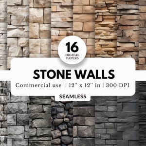 16 Stein Mauer Textur Digitale Papiere, Nahtlose Muster, 12x12, JPG Dateien Download, Realistische Steine, Für Sublimation, Drucke, Trommelverpackungen