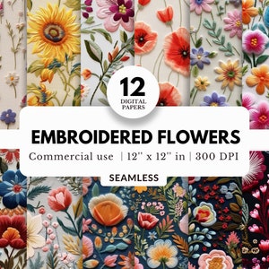 May include: Twelve digital papers featuring seamless patterns of embroidered flowers in various colors and styles. The patterns are 12 inches by 12 inches and 300 DPI.