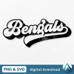 Może przedstawiać: Czarno-biały projekt graficzny słowa "Bengals" w retro, vintage stylu czcionki. Słowo jest zakrzywione i ma czarno-białe paski w tle.