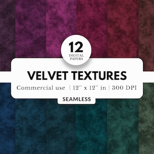 12 carte digitali con texture vellutate, motivi senza soluzione di continuità, download JPG, 12x12, ricchi toni gioiello, sfondi in tessuto realistici, morbidi e sfocati