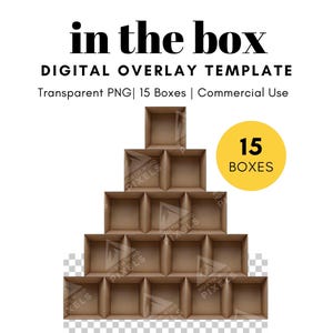 May include: A digital overlay template featuring 15 brown cardboard boxes stacked in a pyramid shape. The boxes are arranged in a grid pattern, with each box having a slightly different size and shape. The template is designed to be used as a digital overlay for photos or videos, and can be used to create a variety of effects.