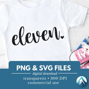 11 歳の誕生日の数字、デジタル ダウンロード、PNG および SVG ファイル、透明、かわいい小さなハート、黒い筆記体、11 歳の誕生日、11 歳