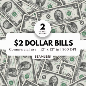 Può includere: Due carte digitali con un motivo senza cuciture di banconote da due dollari. Le banconote sono disposte in un motivo casuale e tutte rivolte nella stessa direzione. L'immagine misura 30,48 cm per 30,48 cm e ha una risoluzione di 300 DPI.