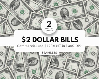 2 Dollar Bills Digital Papers, Seamless Pattern, 2 Files, JPG Download, Cash Money, Personal Finance, For Wrapping Paper Prints, Sublimation