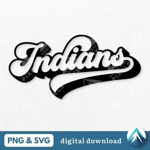 Może przedstawiać: Czarno-biały projekt graficzny słowa "Indians" w retro czcionce baseballowej z czarno-białym łukiem w stylu baseballowym za słowem.