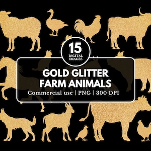May include: A set of 15 gold glitter farm animal illustrations. The animals include a cow, pig, horse, sheep, rooster, goose, dog, cat, and a few others. The illustrations are perfect for crafting projects, scrapbooking, and digital design.