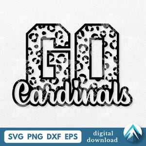 Puede incluir: Diseño digital en blanco y negro con el texto "GO Cardinals". Las letras "GO" están en una fuente de bloque con un estampado de leopardo. La palabra "Cardinals" está en cursiva.