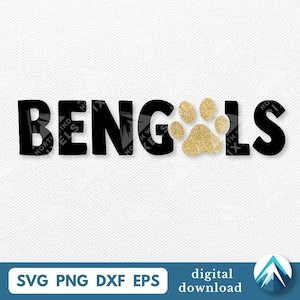 Bengalen met pootafdruk digitale download, Svg Png Dxf Eps, transparant, grote vette letters, voor school sportteam League, T-shirt, transfers