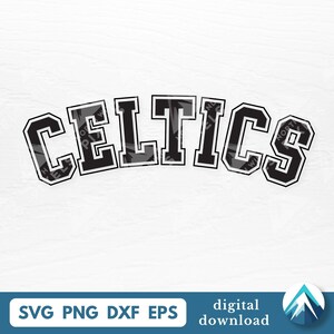 May include: A digital graphic featuring the word CELTICS in a bold, black, arched varsity-style font with a white outline. The letters have a subtle, repeating watermark pattern. Below, a blue banner displays the text SVG PNG DXF EPS.