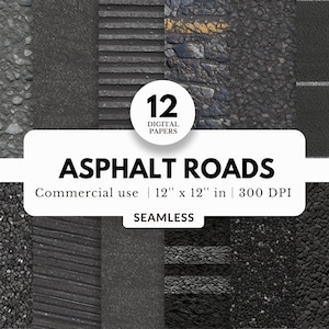 12 Asphalt Road Texture Digital Papers, Seamless Pattern, 12x12, Commercial Use, For Terrain, Map, Logistics, Roadtrip Scrapbook, Background