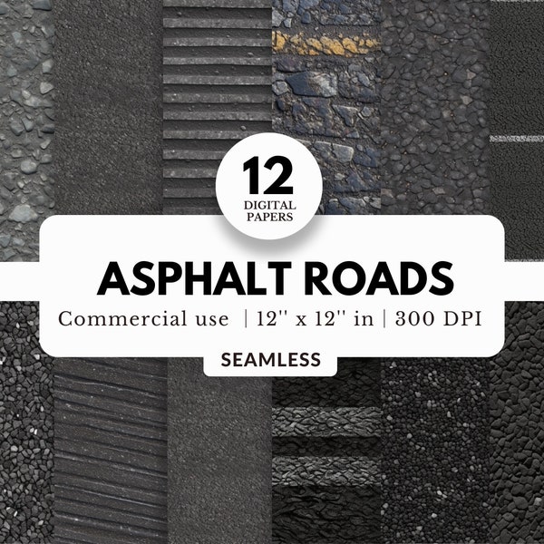 12 Asphalt Road Texture Digital Papers, Seamless Pattern, 12x12, Commercial Use, For Terrain, Map, Logistics, Roadtrip Scrapbook, Background