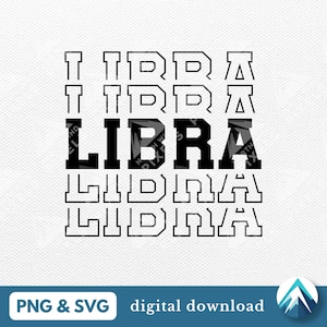 Puede incluir: Diseño gráfico en blanco y negro con la palabra "LIBRA" repetida en un estilo superpuesto, apilado y contorneado.
