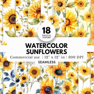 18 papéis digitais de girassóis em aquarela, padrão sem emenda, 12x12, JPG, florais amarelos muito bonitos, vintage, para cartão de chá de bebê, pano de fundo