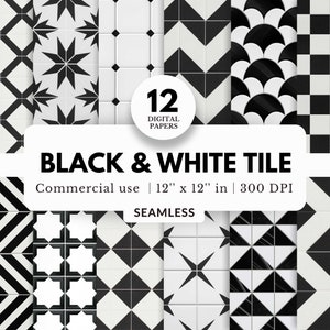Puede incluir: Doce papeles digitales con patrones de azulejos en blanco y negro. Los patrones son sin costuras y miden 30,48 cm por 30,48 cm a 300 DPI. El texto "BLACK & WHITE TILE" se muestra en una fuente grande en la parte superior de la imagen. El texto "Commercial use | 12" x 12" in | 300 DPI" se muestra debajo del título. El texto "SEAMLESS" se muestra en la parte inferior de la imagen.