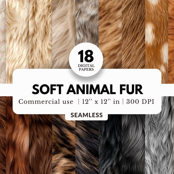 18 Soft Animal Fur Digital Papers, Seamless Textures, 12x12, JPG File Download, Real Fur Pelt Backdrops, Printable Scrapbook, Wild Prints