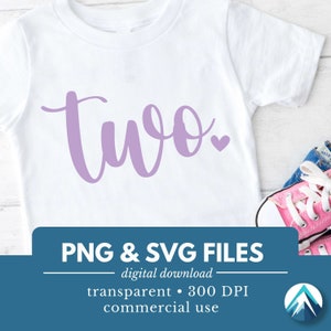2 つの誕生日の数字、デジタル ダウンロード、PNG および SVG ファイル、透明、かわいい小さなハート、筆記体、紫、2 歳の誕生日のシャツ、2 歳
