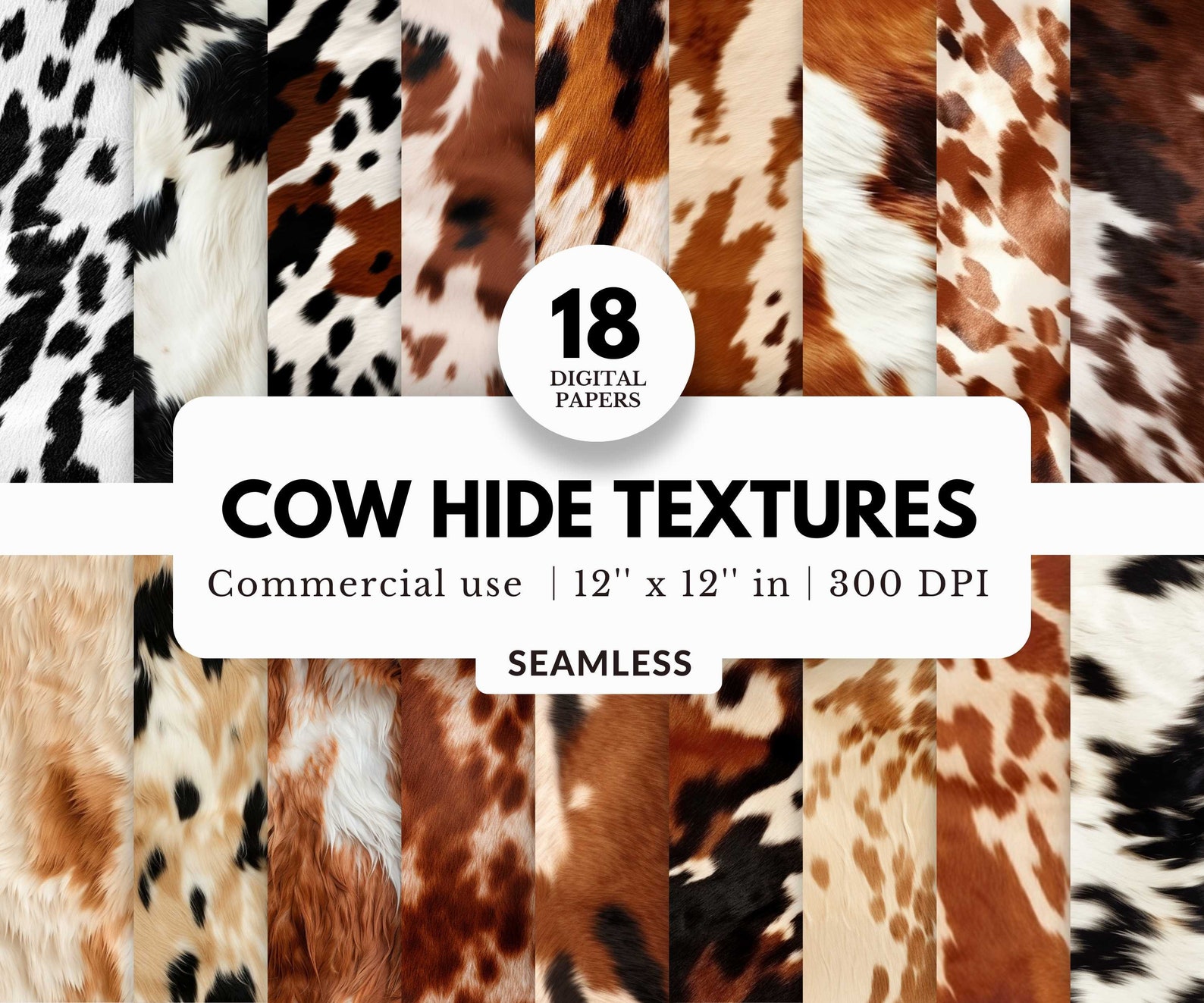 18 Cow Hide Texture Digital Papers, Seamless Patterns, 12x12, Rustic ...