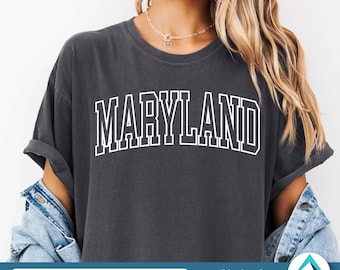 Maryland with Outlined and Curved College Letters Digital Download, Svg Png Dxf Eps, Transparent Clipart, Arched Varsity Font,  MD State