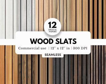 12 Wood Slats Digital Papers, Seamless Pattern, 12x12, JPG Download, Smooth Wood Grain Texture, Light and Dark Wood, Interior Wall Panelling