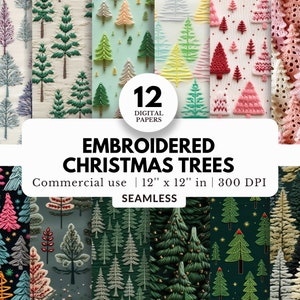 12 digitaal papier geborduurde kerstboom, naadloos patroon, 12 x 12, jpg, met de hand gestikt, schattig Winter Wonderland, groenblijvend dennenbos