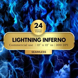 24 Blue Lighting Inferno Digital Papers-bundel, naadloze patronen, 12 x 12, pakket met verschillende soorten vuur en bliksem, realistisch, voor sportportretten